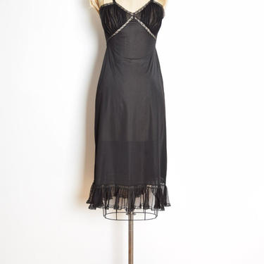 vintage 60s slip Vanity Fair black nylon lace sheer ruffle lingerie 32 XS clothing 