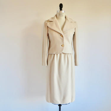 Vintage 1960's Ivory Cream Wool Skirt Suit with Jacket Gold Buttons Classic Formal Bridal Wedding Aldrich Size Small 