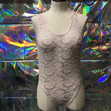 Lace Body Suit Vintage 1990s One Piece Pink and Gray Pull on 