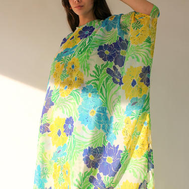 Vintage 70s Kaftan Shift Dress with Vivid Floral Print Cape | 100% Lightweight Polyester Crepe | Bohemian, Boho, Hippie | 1970s MuuMuu 