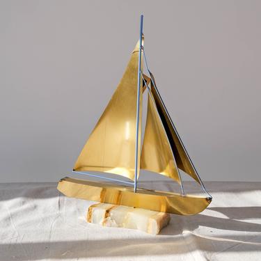 Vintage Mid Century Modern Solid Brass Sailboat With Onyx Base | Mario Jason | Nautical, Rustic, Modern Home, Ocean Decor, Mantle Art, Boho 