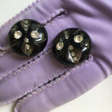 Vintage Black Lucite Rhinestone Clip Earrings, Retro Black Glam Earrings, Basic Black Fashion 