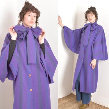 Vintage 1980s Coat / 80s Irish Wool Striped Cape Coat / Purple ( S M ) 