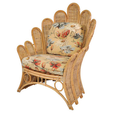 Mid Century Modern Wicker Peacock Lounge Chair Vintage Rattan Bamboo Floral 1970s 