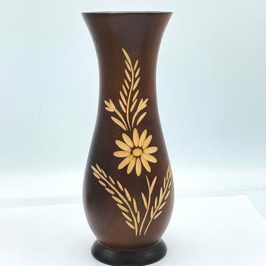 Vintage Wooden Vase Hand Turned Etched Flower Design 8&quot; X 3 1/4&quot;- 