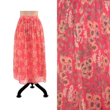 Silk Maxi Skirt Long Floral Chiffon Skirt Women XS Small Dark Pink Print Full Gathered GAP 90s 1990s Vintage Clothing Romantic Boho Clothes 