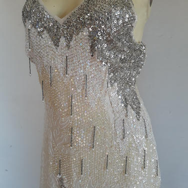 80's Vintage embellished iridescent white and silver gown, full length beaded cocktail dress, white sequin dress, size small s 4 / 6 