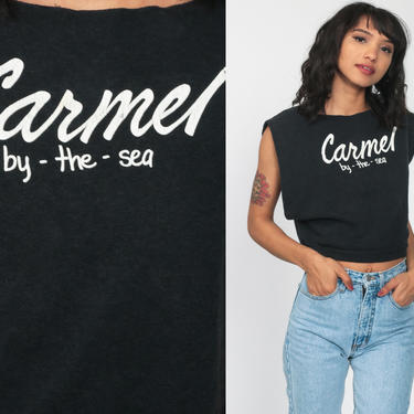 Cropped Shirt CARMEL BY The SEA Tank Top 80s Sleeveless Sweatshirt Muscle Tee California Graphic Tee Vintage Black Crop Top Small 