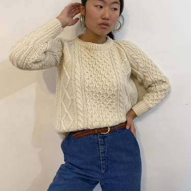 80s Aran hand knit fisherman thick knit wool sweater / vintage ivory handknit Irish fishermen's cable knit Donegal cropped sweater | M 
