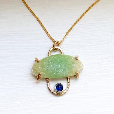Grass Green Druzy Handmade Abstract Pendant With Blue Ceylon Sapphire in 14k gold filled setting handmade one of a kind 