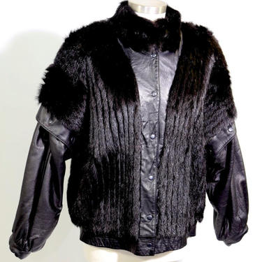 Vintage Black Lamb Leather and Pahmi Fur Jacket with Removable Sleeves Vest 