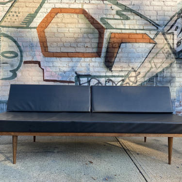 Mid century modern minimalist danish daybed sofa couch bed black frame original black vinyl faux snakeskin leather upholstery 