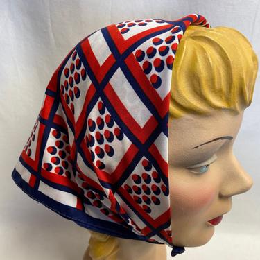 60’s Mod geometric scarf~ neckerchief~ head band~ Retro Red white blue~ large square~bandana style 