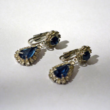 vintage 80's silver rhinestone sapphire earrings costume jewelry Clip On statement 1980s glam pin up dangle 