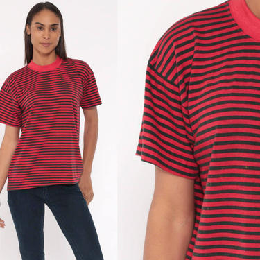 90s Red Striped TShirt -- 1990s Tshirt Grunge Black 80s Streetwear Retro Tee Vintage Ringer Tee Distressed Short Sleeve Small Medium 