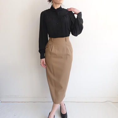 Vintage Wool Pencil Skirt/ 1990s High Waisted Tapered Tan Camel Secretary Skirt/ Size XS 24 