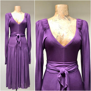 Vintage 1970s Holly Harp Purple Silk Jersey Dress, L.A. Boho Boutique Designer, Plunging V Neck Drop Waist, Midi Length, Small - Medium 
