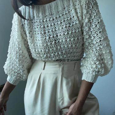 vintage hand knit textured puff sleeve sweater 