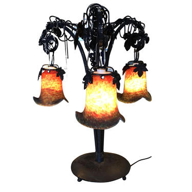 Edgar Brandt Style Hand Forged Iron Vineyard Table Lamp w/ Hanging Bell Shades 