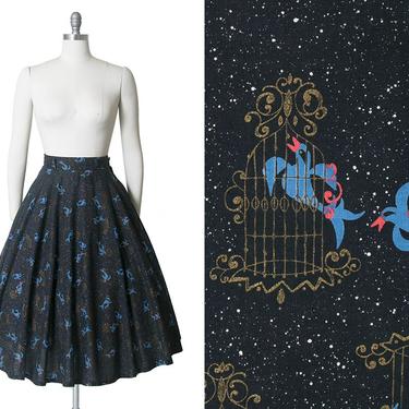 Vintage 1950s Circle Skirt | 50s Bird Cage Novelty Print Cotton Black Gold Swing Skirt (medium) 