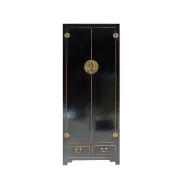 Chinese Oriental Distressed Black Lacquer Moonface Tall Storage Cabinet cs5147E 