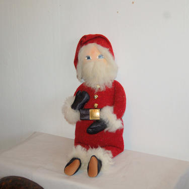 OOAK 26&quot; t Primitive Santa Claus Art Doll w Hand Painted Face, Wool Beard / Hair, Red Wool Suit w Wool Fur Trim, Satin Gloves & Boots, Bells 