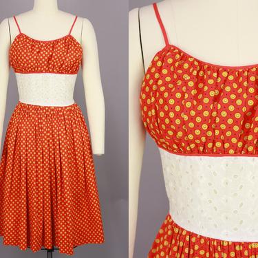 1950s Cotton Sundress with Eyelet Lace Bodice | Vintage 50s 60s Summer Dress | small 