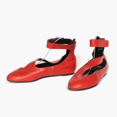 Vintage 80s Norma Kamali Ankle Strap Flats / 1980s Red Leather Cut-Out Avant Garde Shoes by luckyvintageseattle