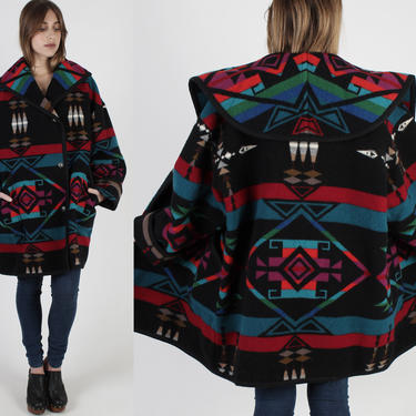 Oversized Southwestern Print Coat / Wool Unisex Black Blanket Jacket / Large Shawl Collar / Button Down Native American Western Jacket 
