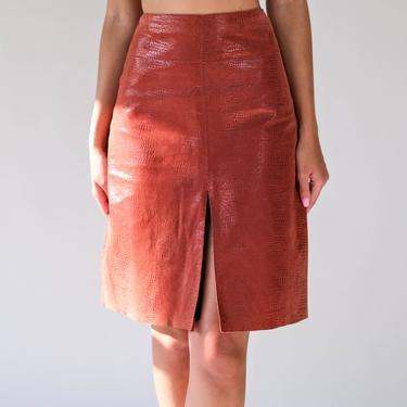 Vintage Y2K Bebe Terracota Suede High Waisted Skirt w/ Shimmery Reptile Print | 100% Genuine Leather | 2000s Designer Boho Leather Skirt 