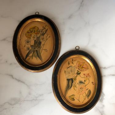 Vintage Borghese Chalkware Floral Art Plaque - set of two | Italian plaster oval wall art with gilt frames, black and gold flower pictures 