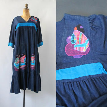 HIGH VOLUME Vintage 80s Denim Dress | 1980s Alfredo's Wife Jean Applique Tent Tiered Dress | Southwestern, Hippie Folk, Boho | Size Large 