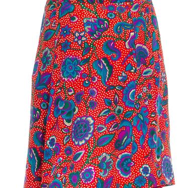 1980S Yves Saint Laurent Red, Blue  Purple Silk Indian Floral Skirt 