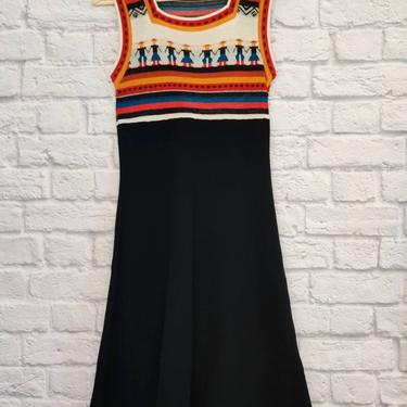 Vintage 70s A-line Knit Dress // Black, Orange and White Sleeveless Folk  Dress 