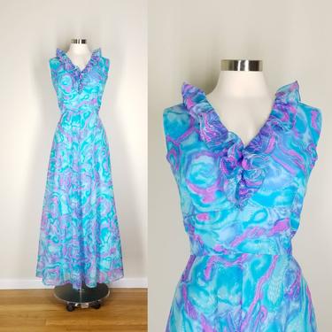 Vintage 60s Watercolor Maxi Dress, Extra Large / 1960s Ruffled Empire Waist Gown / Long Sheer Voile Dress / Summer Cocktail Party Dress 