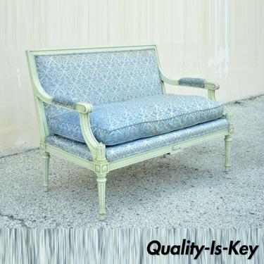 Vintage French Louis XVI Style Hollywood Regency Green Blue Settee Loveseat Sofa