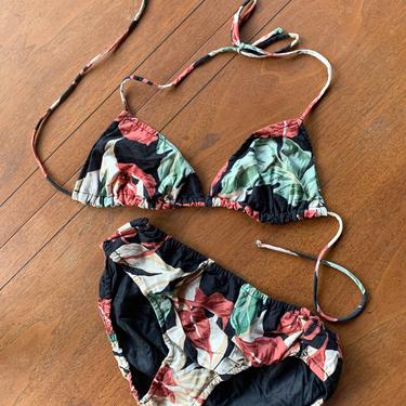 Vintage 70's Eeni Meeni Custom Bikini Tropical Floral Cotton 2-Piece Bikini Swimsuit 