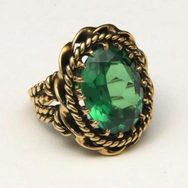 Vintage 10k Yellow Gold Large Green Spinel Gemstone Ring Twist Rope Detail Sz 6 