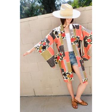 Montage Kimono // vintage dress boho hippie blouse top 70s long robe swimsuit cover bathing suit beach // O/S 