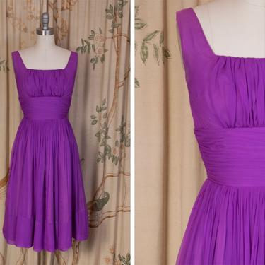 1950s Dress - The Concord Dress - Flirty Silk Chiffon Sleeveless 50s Cocktail Dress with Ruching in Saturated Violet 