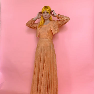 60s Metallic Peach Textured Pleated Dress with matching Cropped Bolero 
