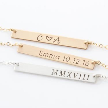 Skinny Bar Necklace/ Gold Filled Custom Hand Stamped Necklace/Nameplate Necklace/ Personalized Jewelry/Sterling Silver/ Gift for Wife 