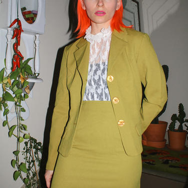 90s XOXO Chartreuse Skirt Suit 