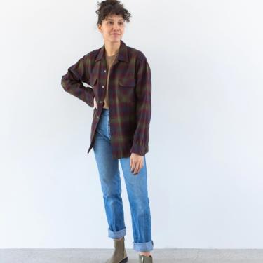 Vintage Pendleton Burgundy Green Wool Plaid Flannel Button Down Blouse | Loop Collar Shirt Made in USA | S  | 