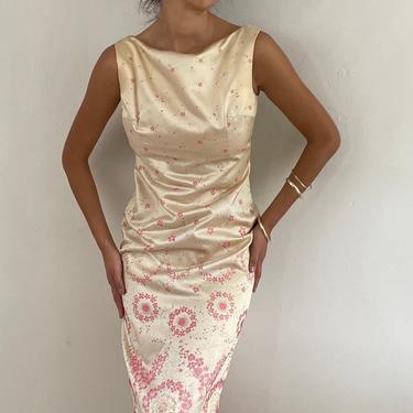 60s brocade maxi dress / vintage silk satin brocade pink floral sleeveless wiggle maxi cocktail dress | S 