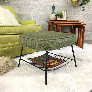 LOCAL PICKUP ONLY Vintage Footstool Retro 1960s Mid Century Modern Green Vinyl Ottoman with Metal Legs + Magazine Rack By Babcock Phillips 