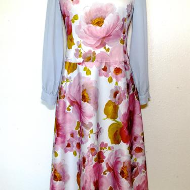 Rose Print Dress with Charmeuse Sleeves, Blue Easter Dress 