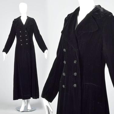 X-Small 1970s Coat Black Velvet Maxi Coat Long Sleeves Floor Length Jacket Evening Wear 1970s Vintage 70s Winter Jacket 