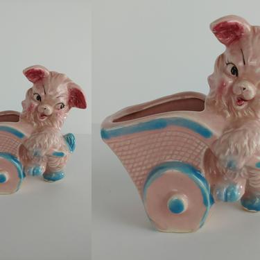 Vintage Planter - Vintage Bear Pig Dog Pink Strange Planter - Ceramic Pink Animal Figurine with Wheelbarrow 
