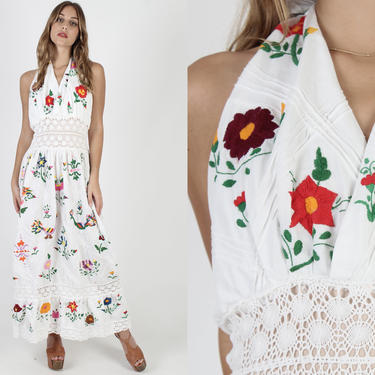 White Mexican Halter Dress / Hand Embroidered Birds Dress / Vintage 70s Authentic Mexico Wedding Dress / Crochet Lace Neck Tie Maxi 